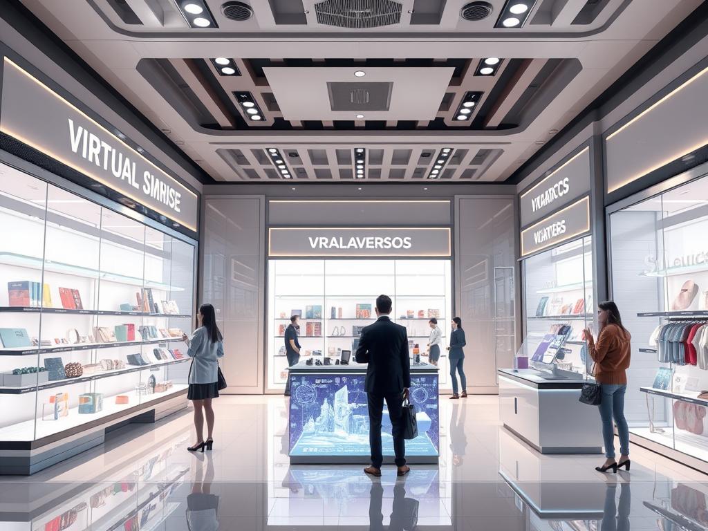 A virtual storefront in the metaverse showing a business selling digital products and services in 2025 A virtual storefront in the metaverse showing a business selling digital products and services in 2025