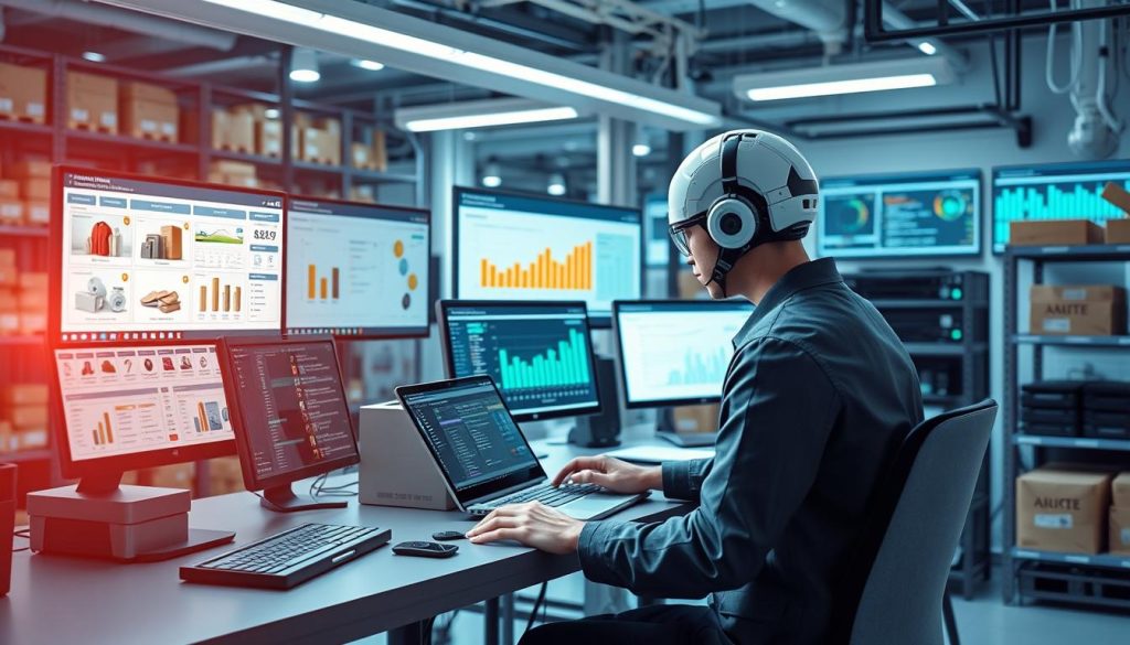 Automated e-commerce operation showing inventory management systems, marketing automation, and fulfillment processes Automated e-commerce operation showing inventory management systems, marketing automation, and fulfillment processes