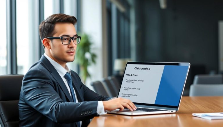 Business person evaluating ClickFunnels 2.0 on laptop showing pros and cons list