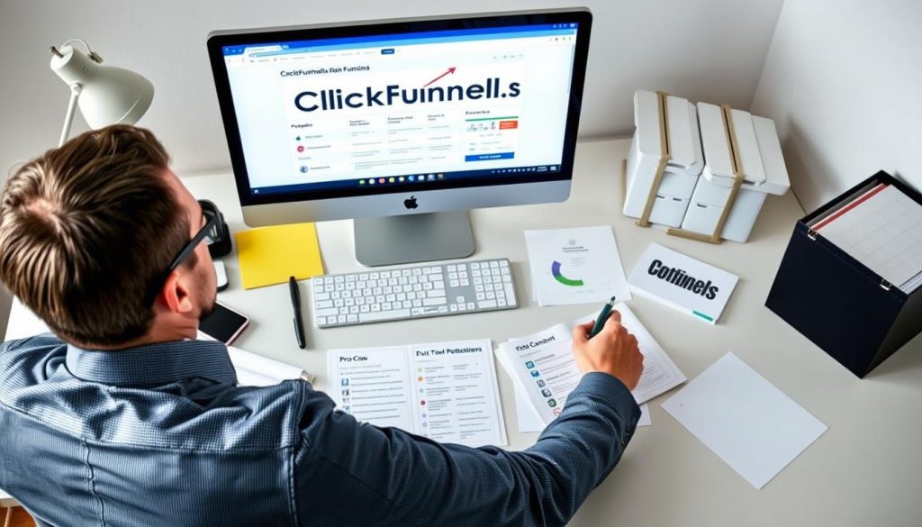 Business person making decision about ClickFunnels 2.0 with pros and cons list