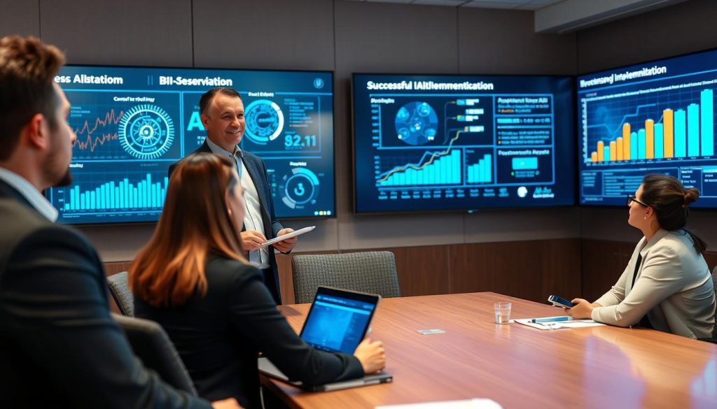 Business professional confidently implementing AI strategies after completing courses