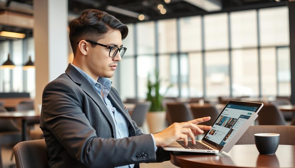 Business professional evaluating different AI course options on a digital device