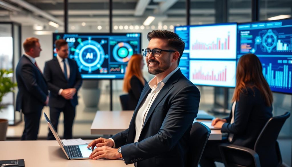 Business professional successfully applying AI concepts learned from courses