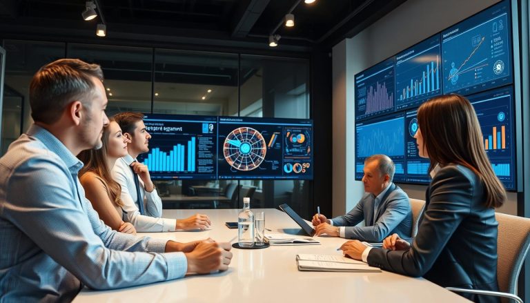Business professionals analyzing AI-driven data visualizations in a modern office setting
