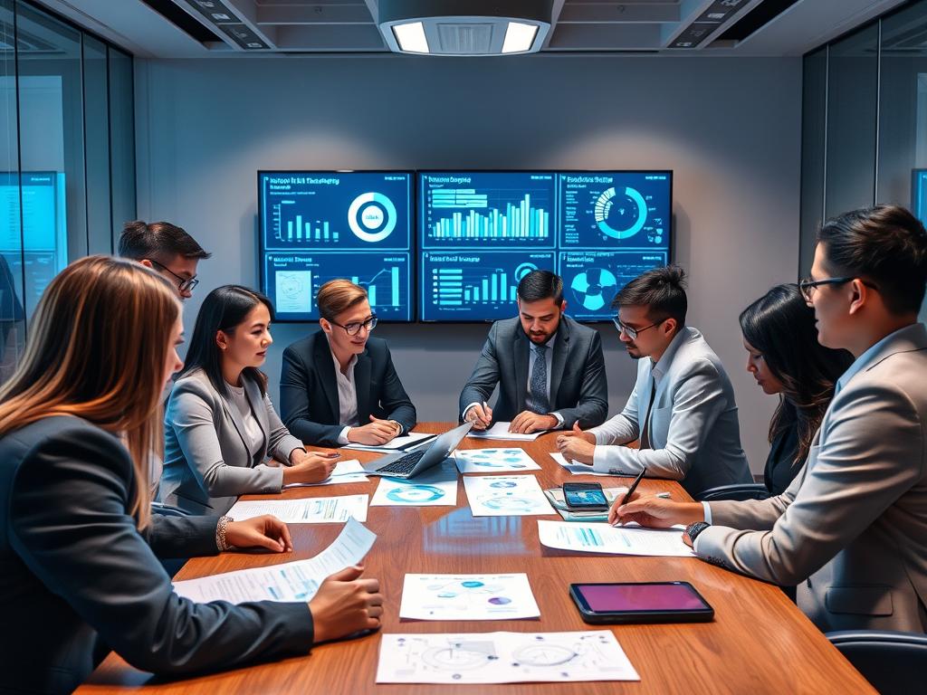 Business professionals collaborating on AI strategy implementation