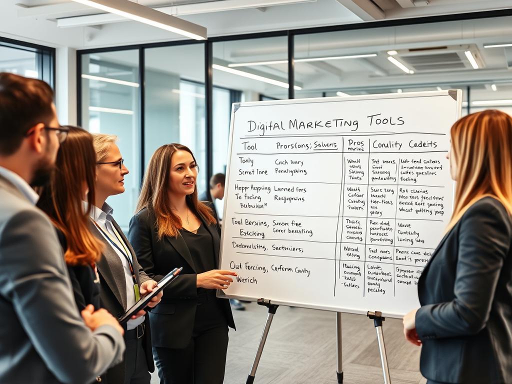 Business team evaluating digital marketing tools on a whiteboard with pros and cons lists Top 20 Digital Marketing Tool