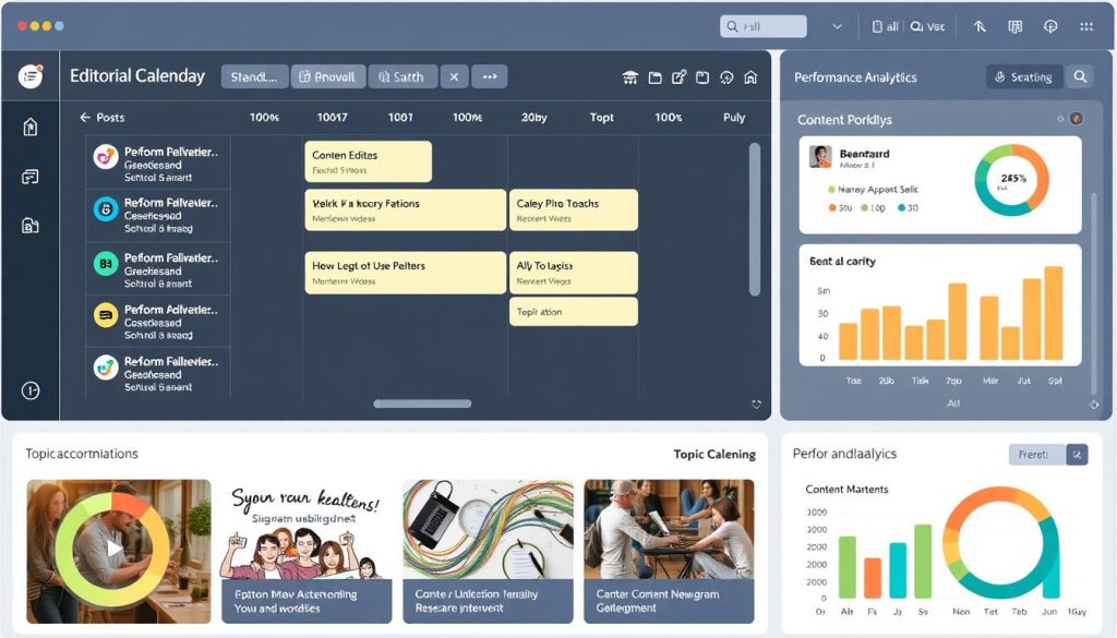 Content marketing platform showing editorial calendar, content editor, and performance analytics Content marketing platform showing editorial calendar, content editor, and performance analytics