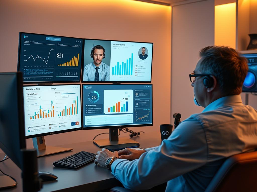 Digital coach providing personalized consultation through advanced video conferencing with data analytics dashboard visible Digital coach providing personalized consultation through advanced video conferencing with data analytics dashboard visible