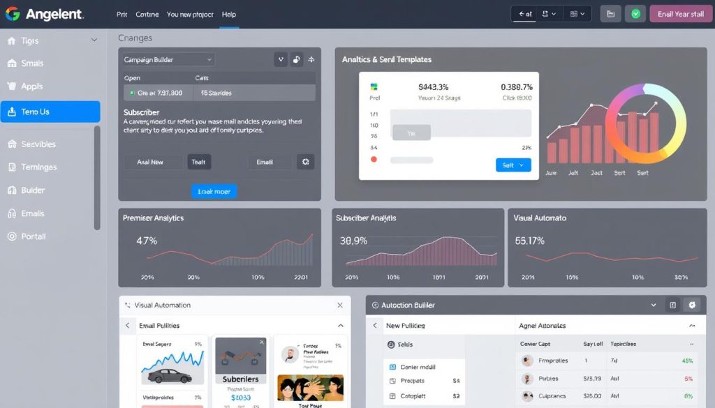 Email marketing platform showing campaign builder, subscriber analytics, and automation workflow Email marketing platform showing campaign builder, subscriber analytics, and automation workflow