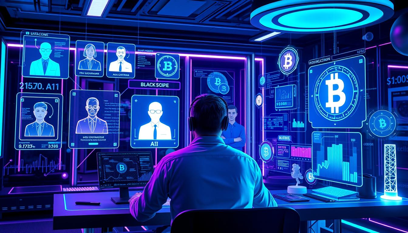 Futuristic digital workspace showing AI assistants, blockchain interfaces, and augmented reality elements representing online income trends for 2025