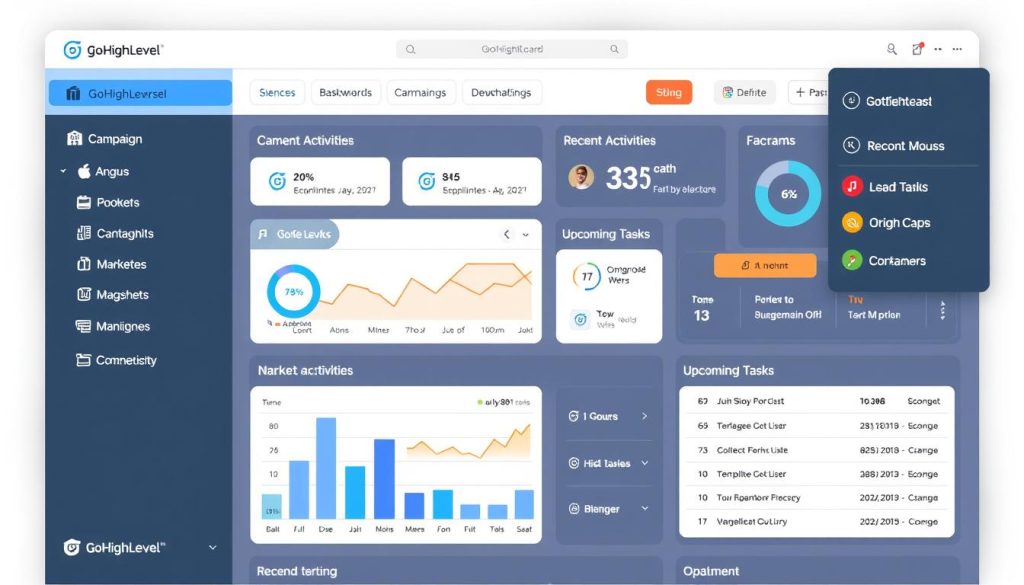 GoHighLevel's user interface showing the main dashboard and navigation