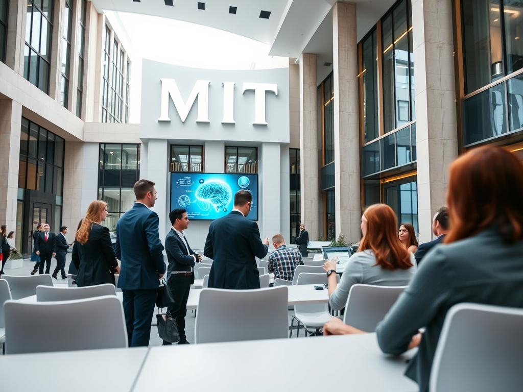 MIT campus building with professionals attending an AI executive program session