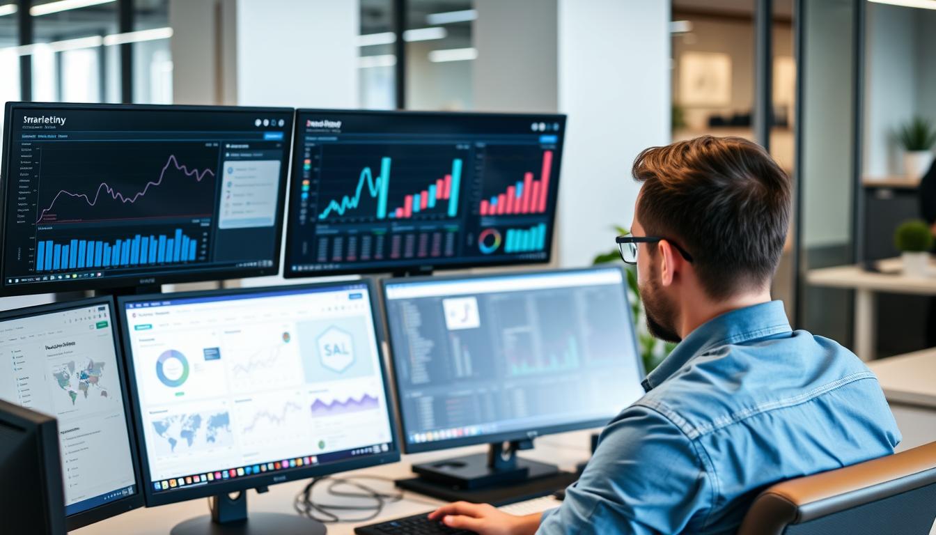 Marketer using digital marketing tools on multiple screens showing analytics dashboards and social media platforms