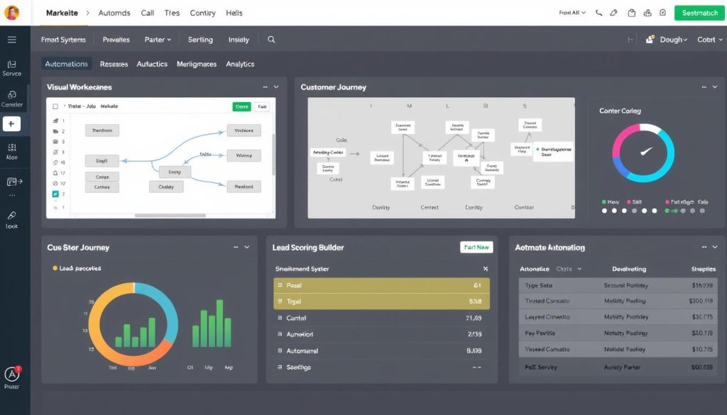 Marketing automation platform showing workflow builder, customer journey map, and automation analytics Marketing automation platform showing workflow builder, customer journey map, and automation analytics