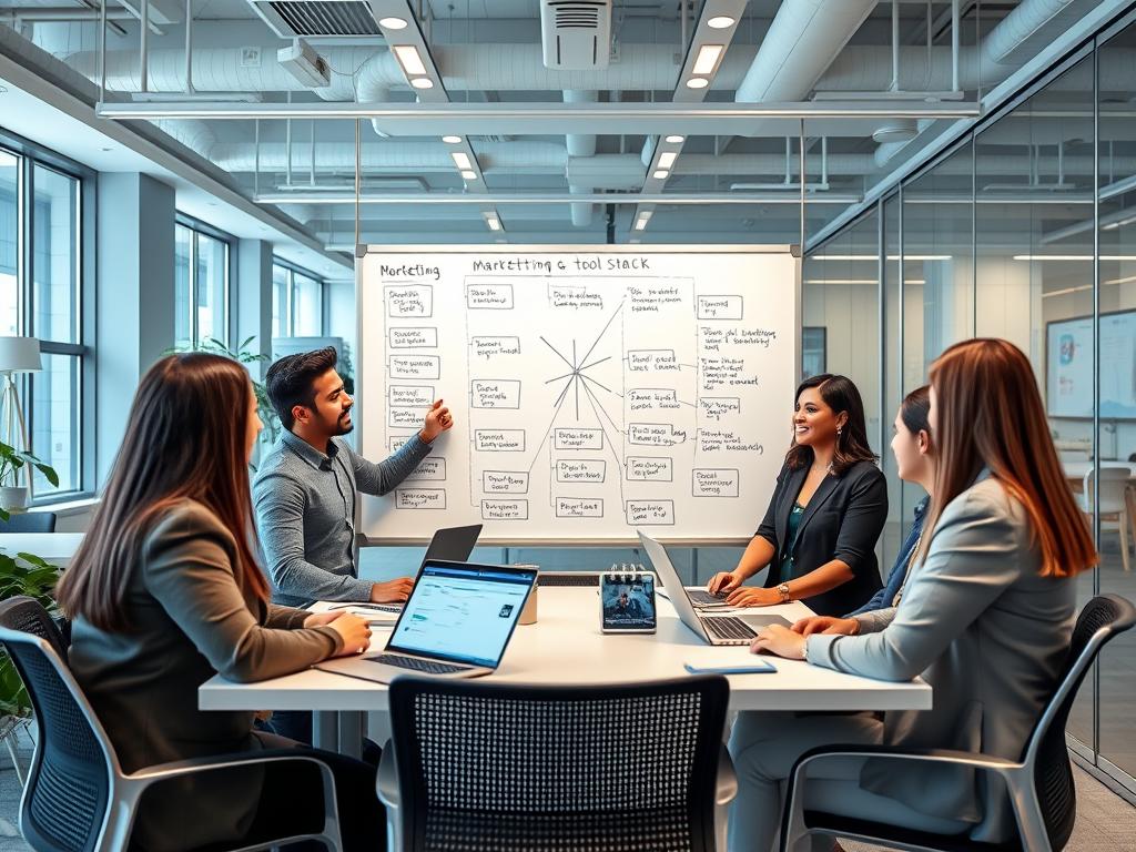 Marketing team collaborating on digital marketing strategy with tools mapped on whiteboard Marketing team collaborating on digital marketing strategy with tools mapped on whiteboard