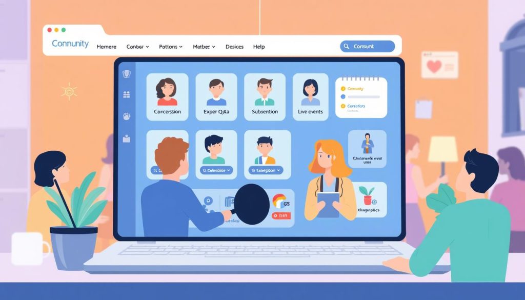 Online community platform showing member interactions, exclusive content areas, and monetization features Online community platform showing member interactions, exclusive content areas, and monetization features