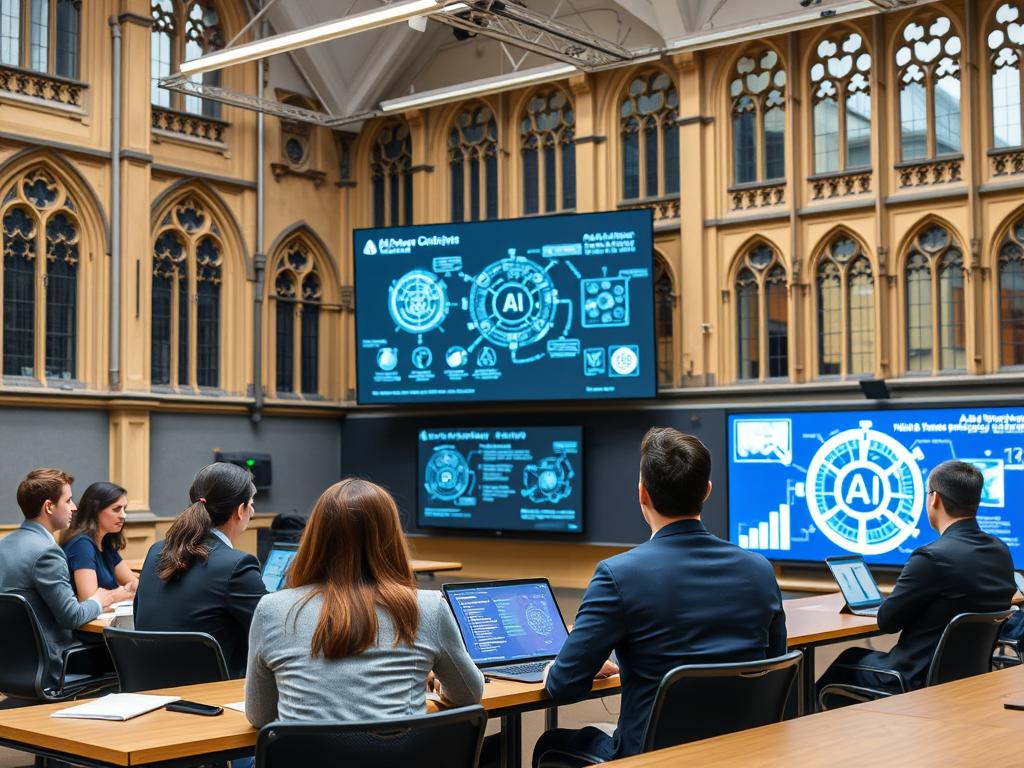 Oxford University campus with business professionals studying AI concepts