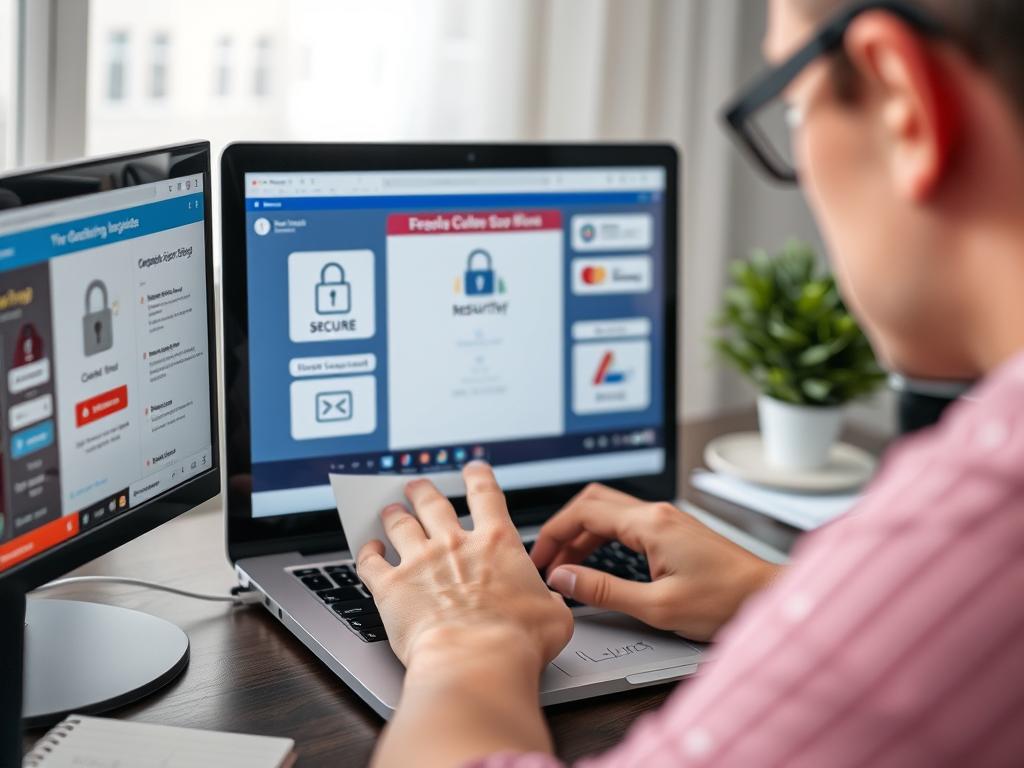 Person researching online opportunities with security indicators and verification processes visible on screen Person researching online opportunities with security indicators and verification processes visible on screen
