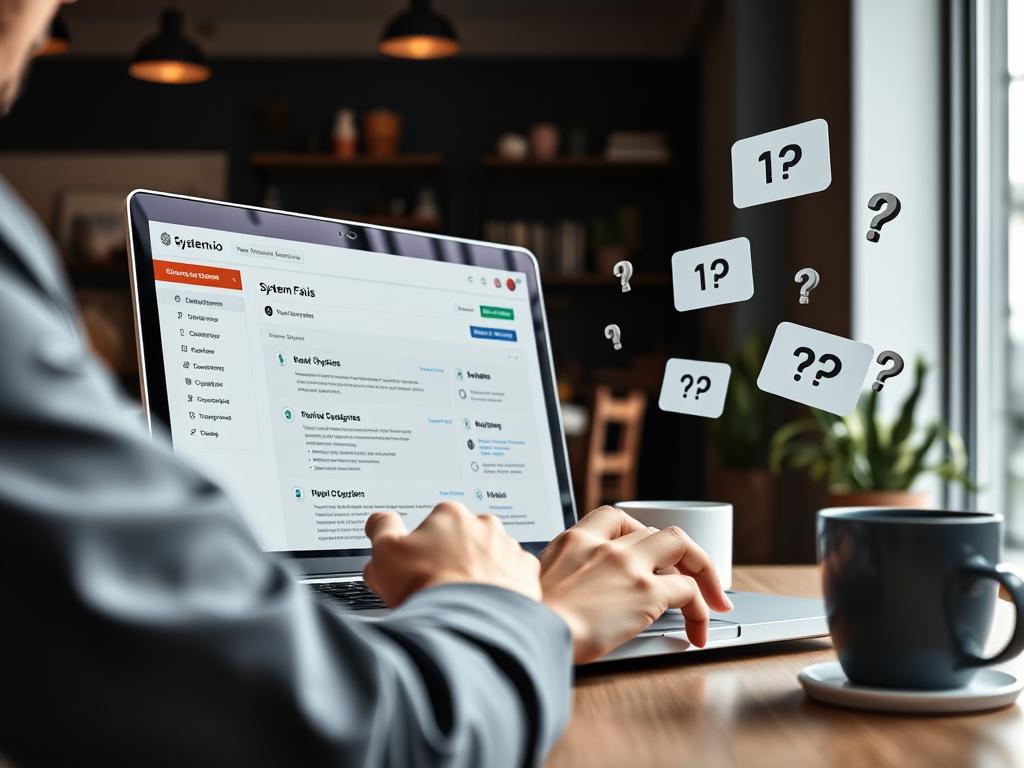 Person using Systeme.io on laptop with FAQ concept visualization Person using Systeme.io on laptop with FAQ concept visualization