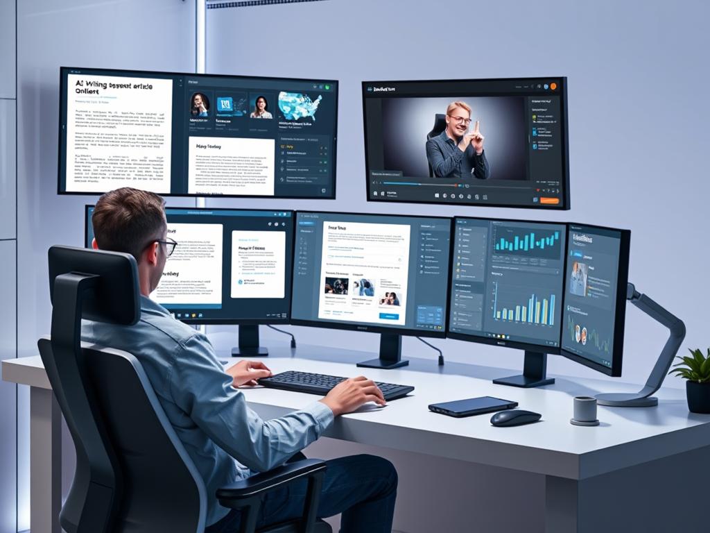 Person using advanced AI tools to create digital content with multiple screens showing content generation and analytics for making money online in 2025 Best Ways to Make Money Online