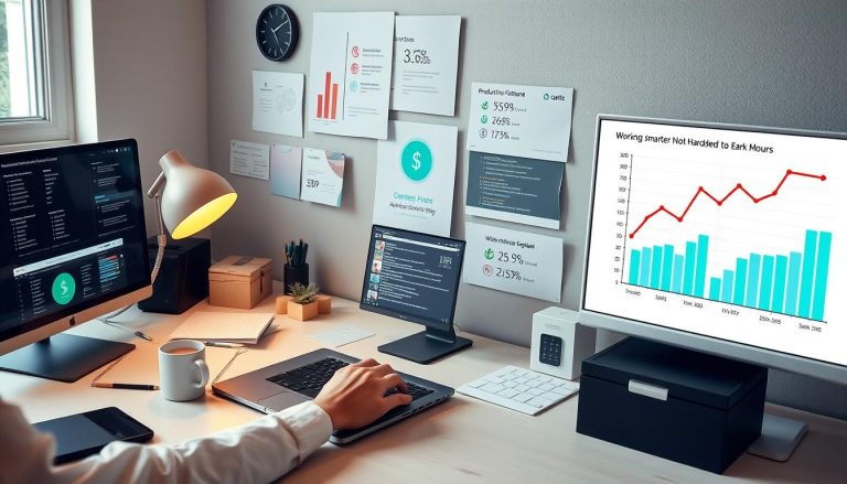 Person working efficiently at laptop with productivity tools and income charts showing work smarter not harder to earn money concept