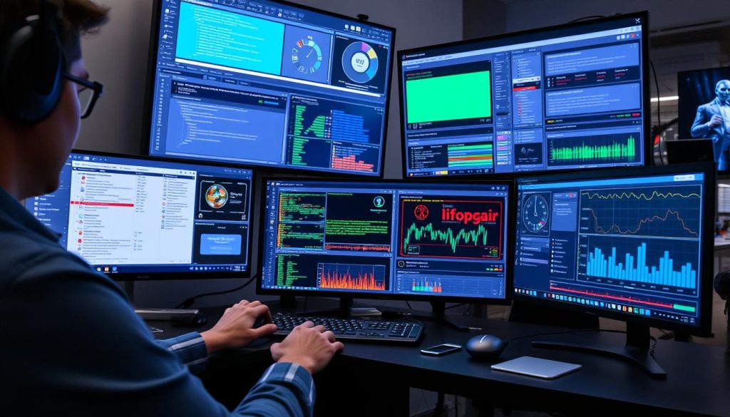 Person working on AI training datasets with multiple screens showing data annotation interfaces and machine learning models Person working on AI training datasets with multiple screens showing data annotation interfaces and machine learning models