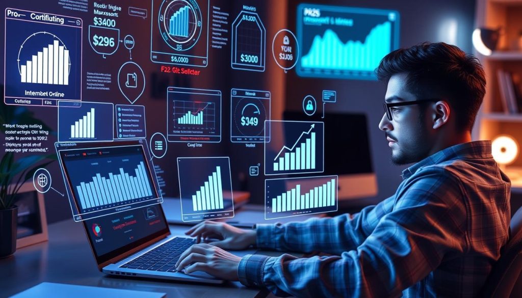 Person working on laptop with multiple income stream visualizations and future technology interfaces Person working on laptop with multiple income stream visualizations and future technology interfaces