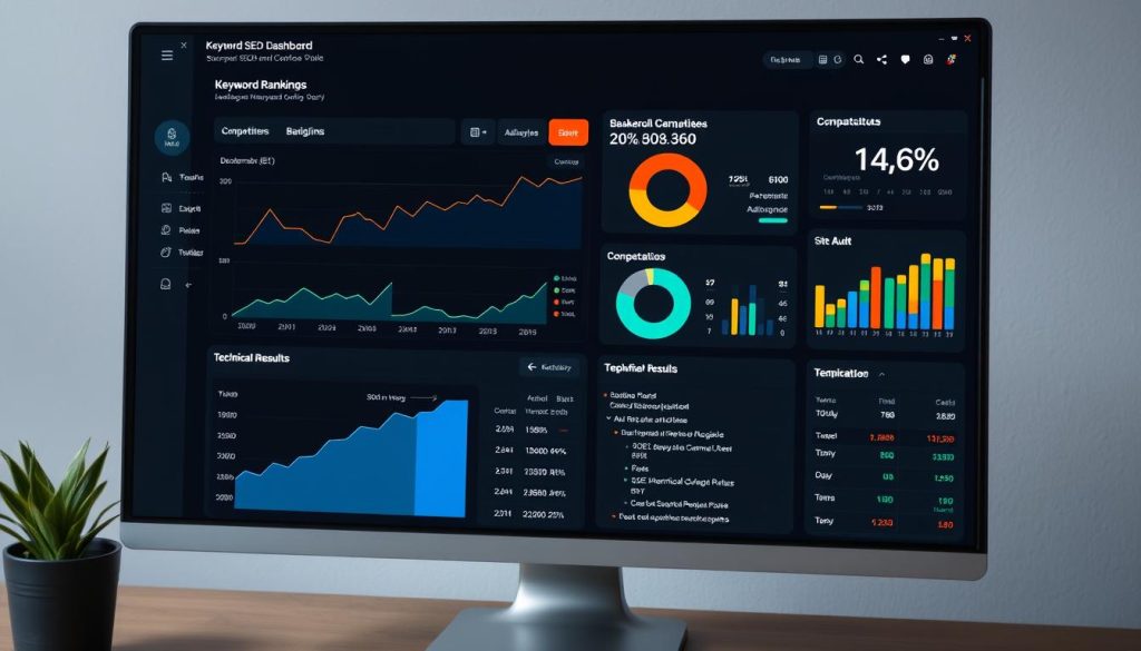 SEO dashboard showing keyword rankings, backlink analysis, and site audit results SEO dashboard showing keyword rankings, backlink analysis, and site audit results