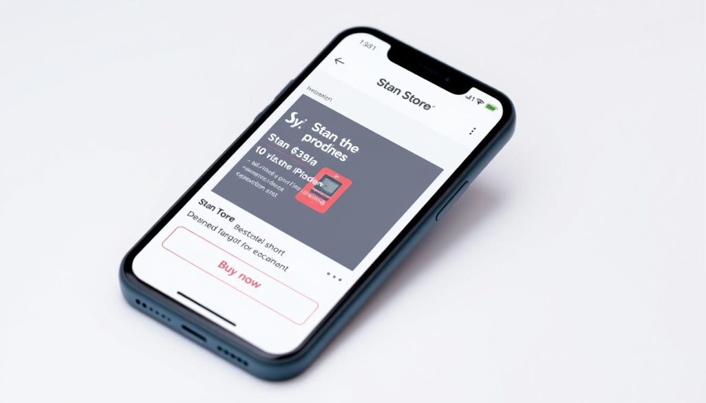 Stan Store mobile interface showing a product page on a smartphone