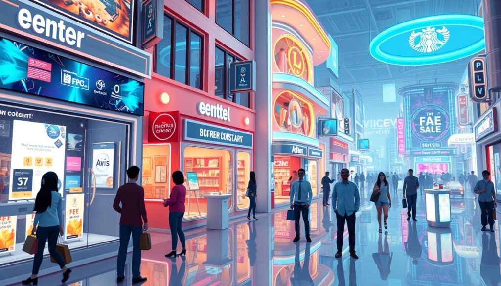 Virtual real estate in the metaverse with digital storefronts and avatars interacting, showing future opportunities to make money online in 2025