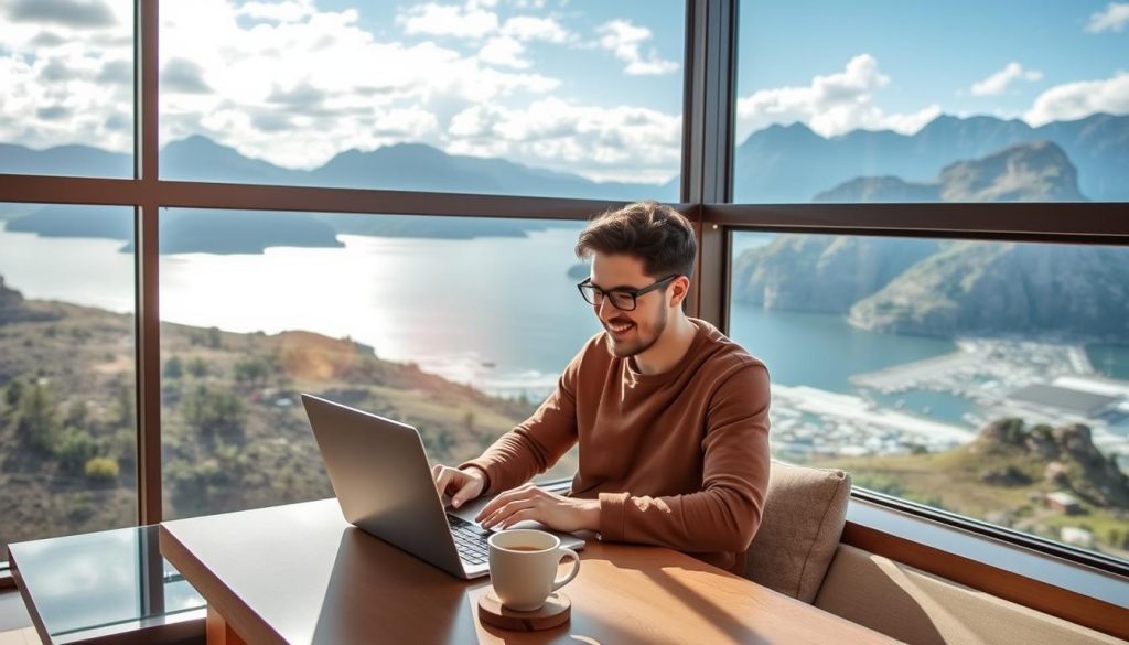 Digital nomad working from a scenic location with laptop Digital nomad working from a scenic location with laptop