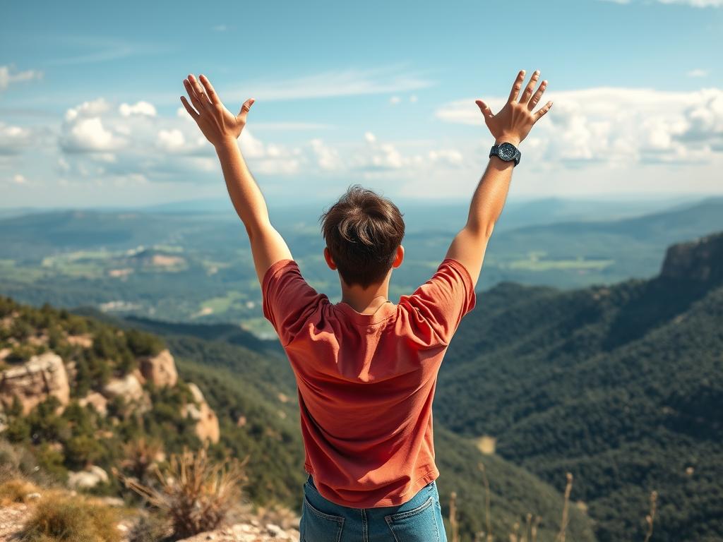 Person celebrating achieved freedom with arms raised in success Person celebrating achieved freedom with arms raised in success