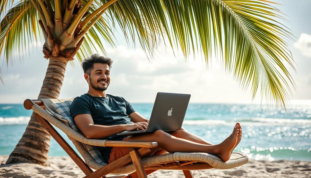 Person enjoying time freedom by working on laptop at beach Person enjoying time freedom by working on laptop at beach